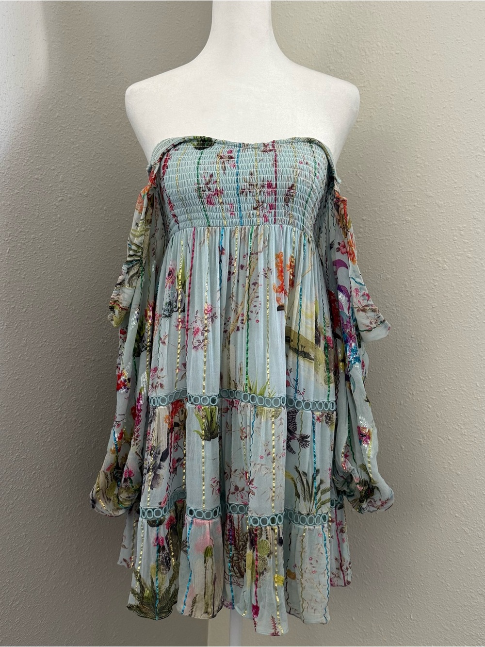 Anthropologie Hemant & Nandita Floral Sequin Off Shoulder Mini Dress XS Boho